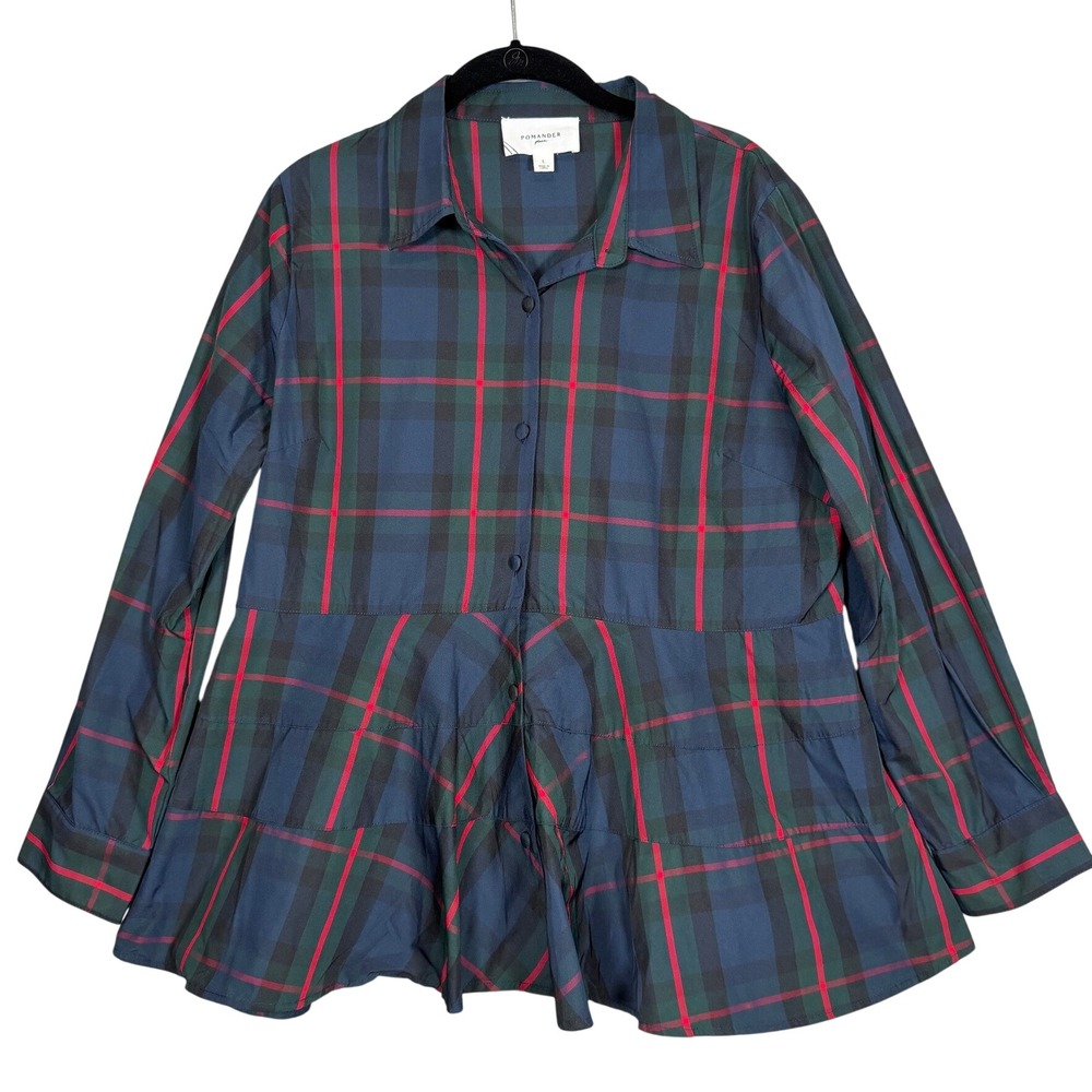 Pomander Place Fraser Plaid Ashlen Blouse Large Blue Green Red Button Front